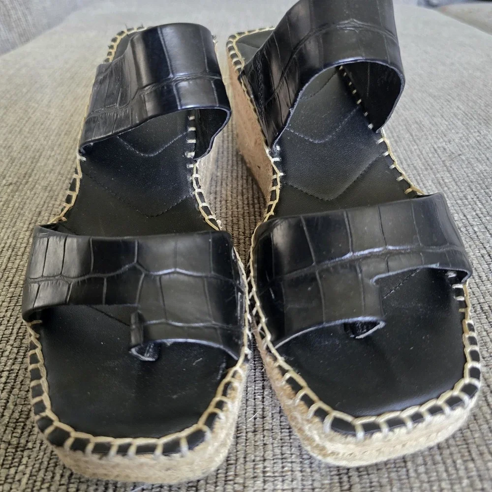 Franco‎ Sarto 8 M Clave Black Embossed Croco Leather Espadrille Wedge Sandals.